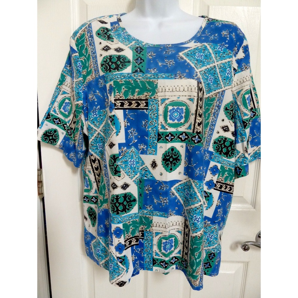 Worthington Essentials Women 24W Patchwork Pullover Blouse Blue Green Cottage